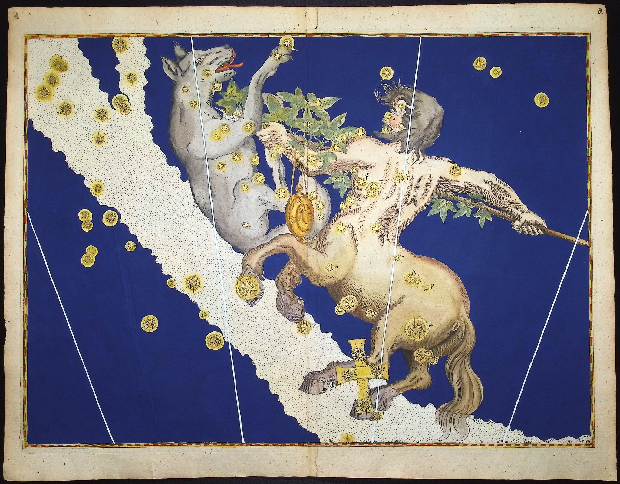 Constellation or Star Chart of Centaurus, Centaur with Spear; Lupus, the Wolf