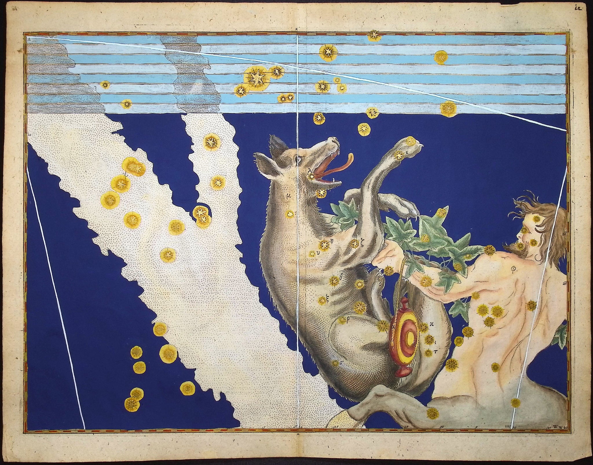 Constellation or Star Chart of Centaurus, Centaur with Spear; Lupus, the Wolf