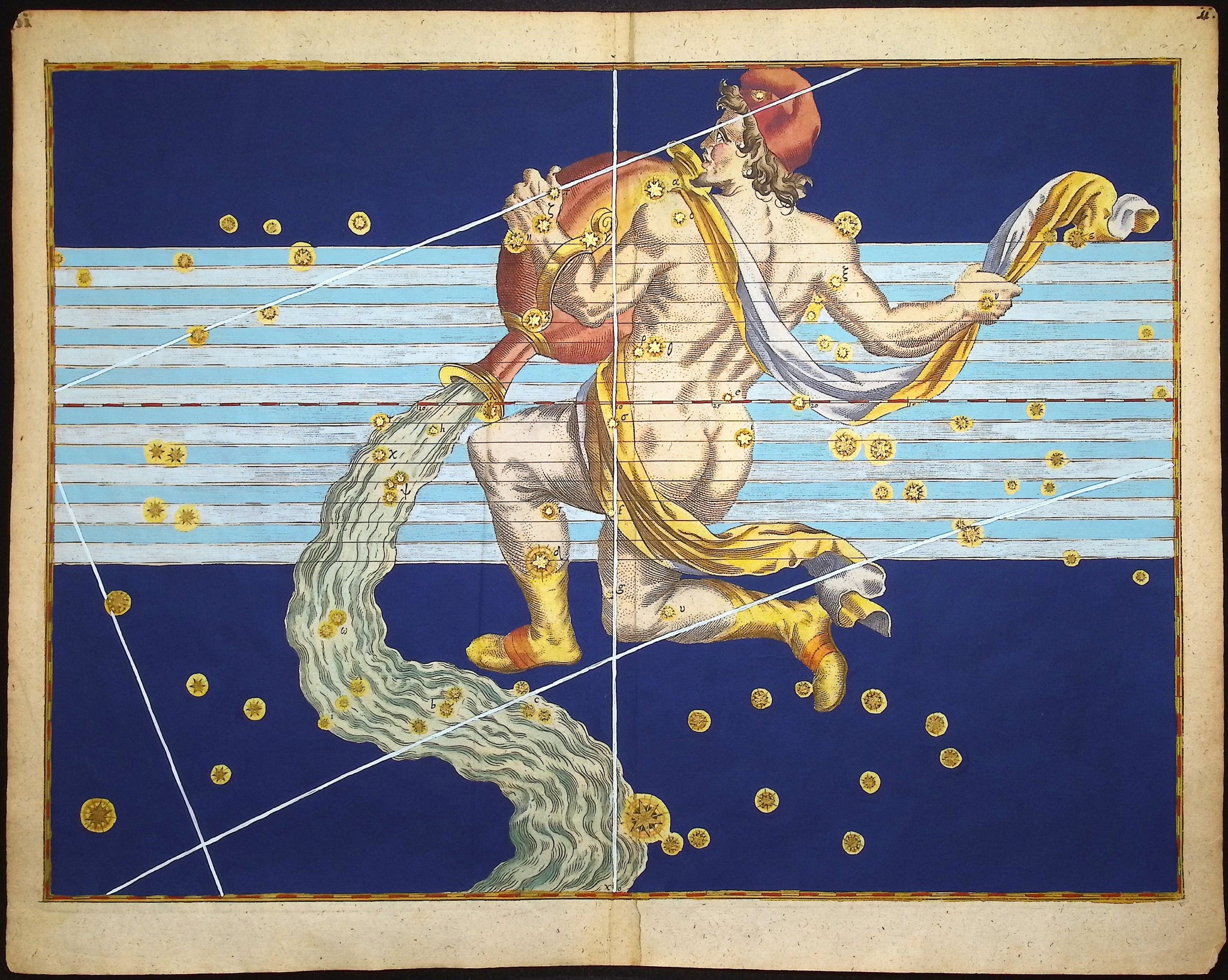 Constellation or Star Chart of Aquarius, Man and Water Vessel