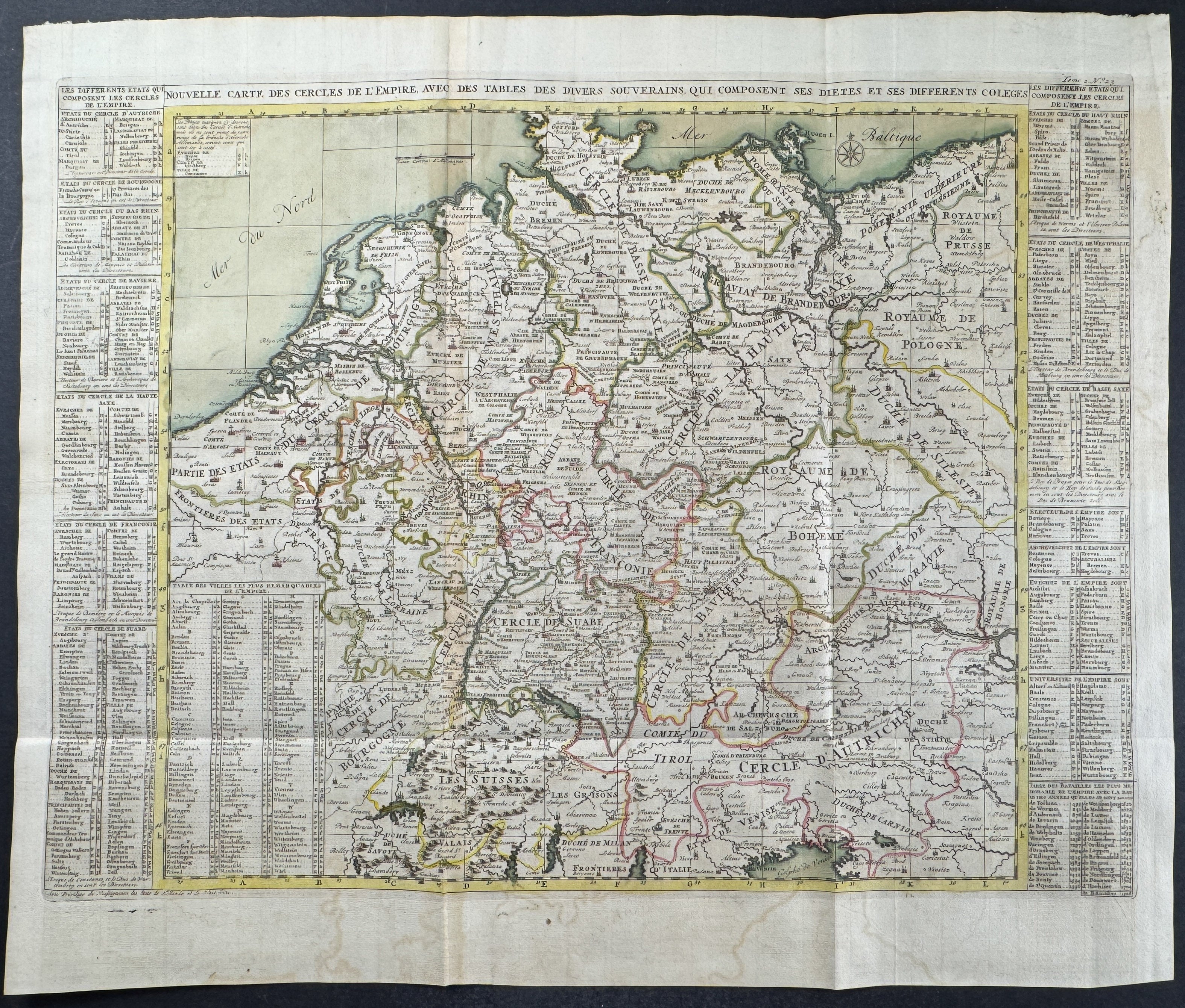 Map of German Empire including today's Poland, Germany, Switzerland, Austria, Holland, Belgium and Luxembourg (Nouvelle Carte des Cercles de L'Empire Avec des Tables des Divers Souverains, Qui Composent ses Dietes et ses Differents Colleges)
