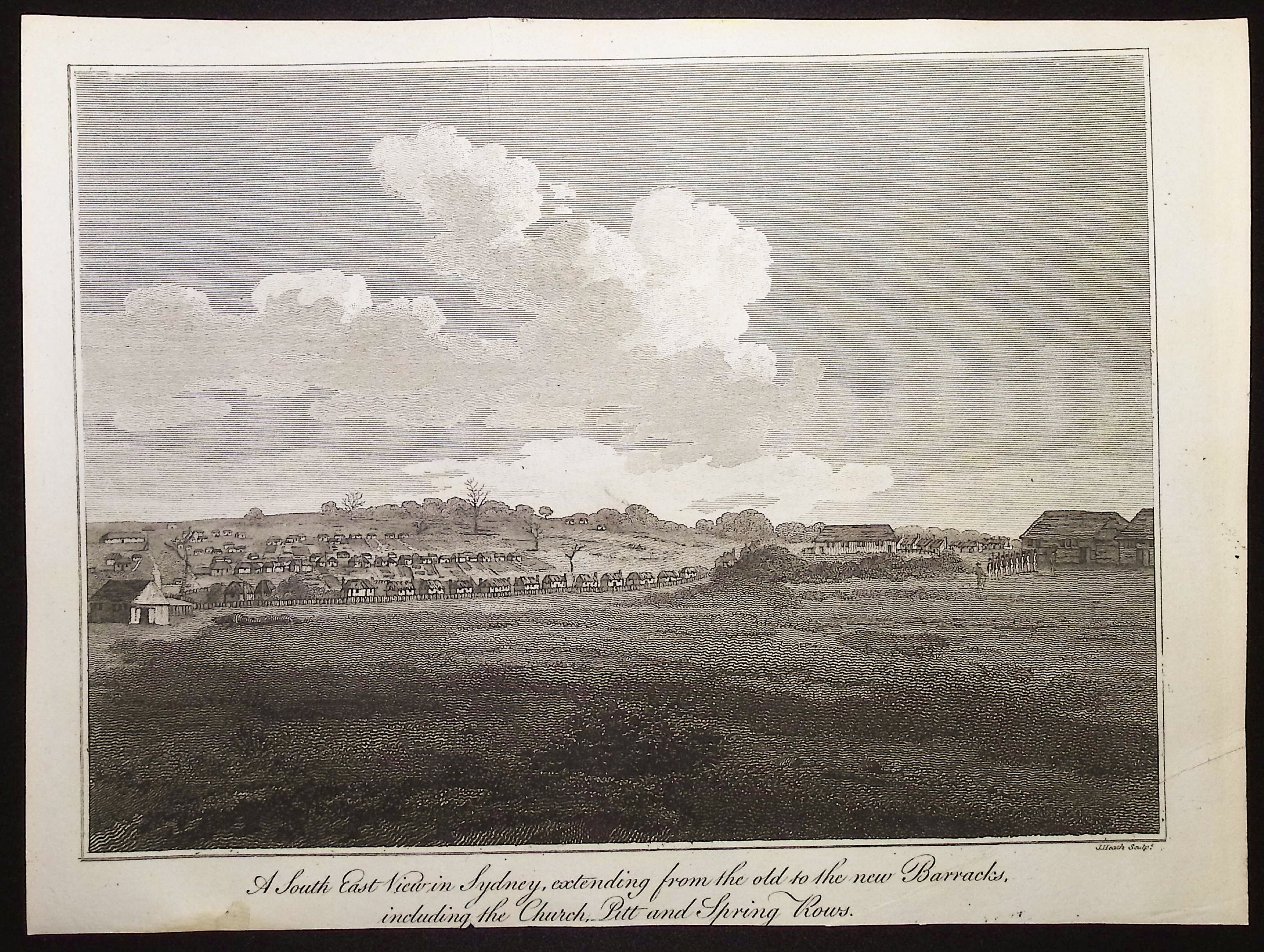 Australia (New Holland): A South East View in Sydney, extending from the old to the new Barracks, including the Church Pitt and Spring Rows