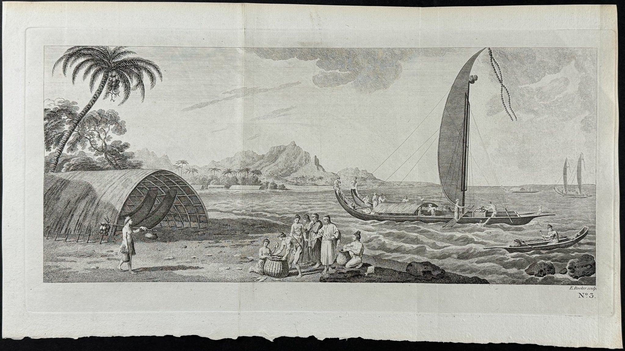 View of the island of Ulietea with a double canoe and a boat house