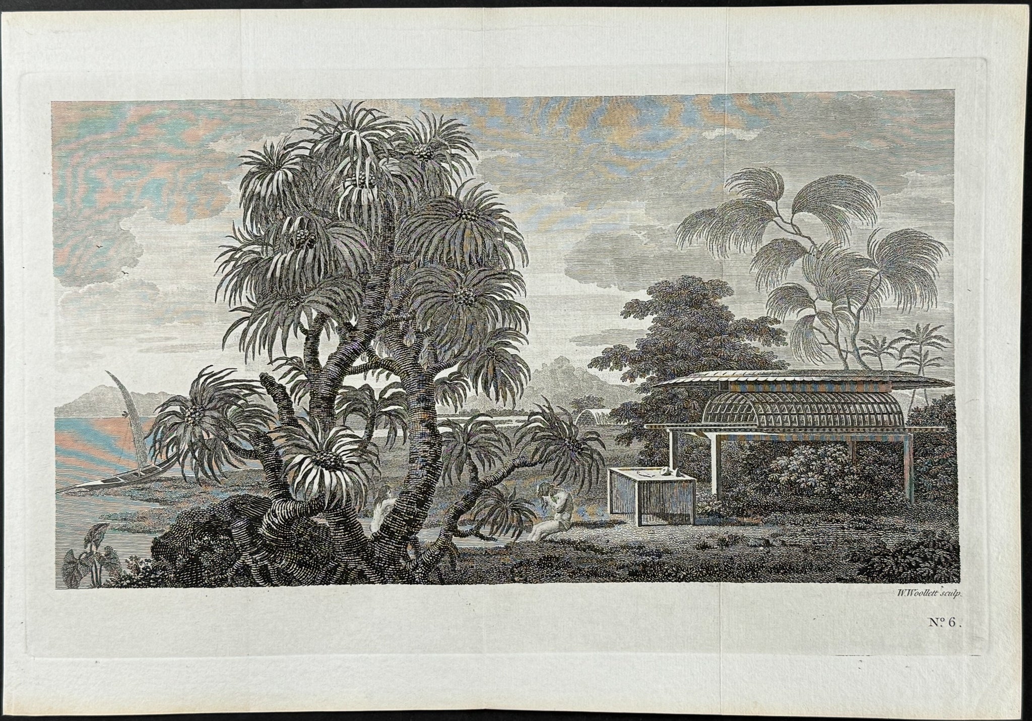 A view in the Island of Huaheine; with the Ewharra no Eatua, or House of God; a small altar with its offering: and a tree called Owharra with which the houses are thatched