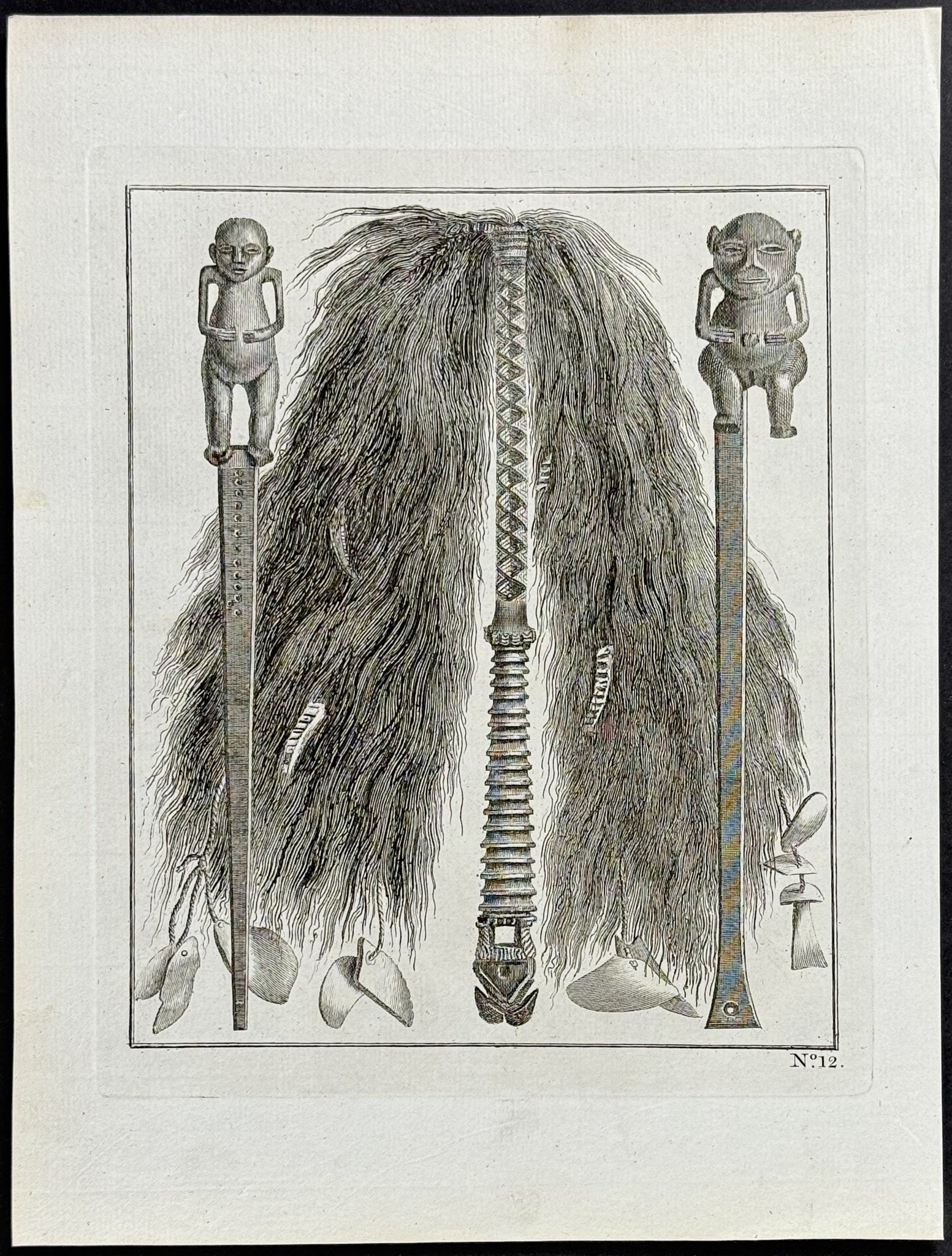 The middle figure represents a fly-flap of the Island Ohiteroa; the two side figures, handles of the same instruments made in Otaheite