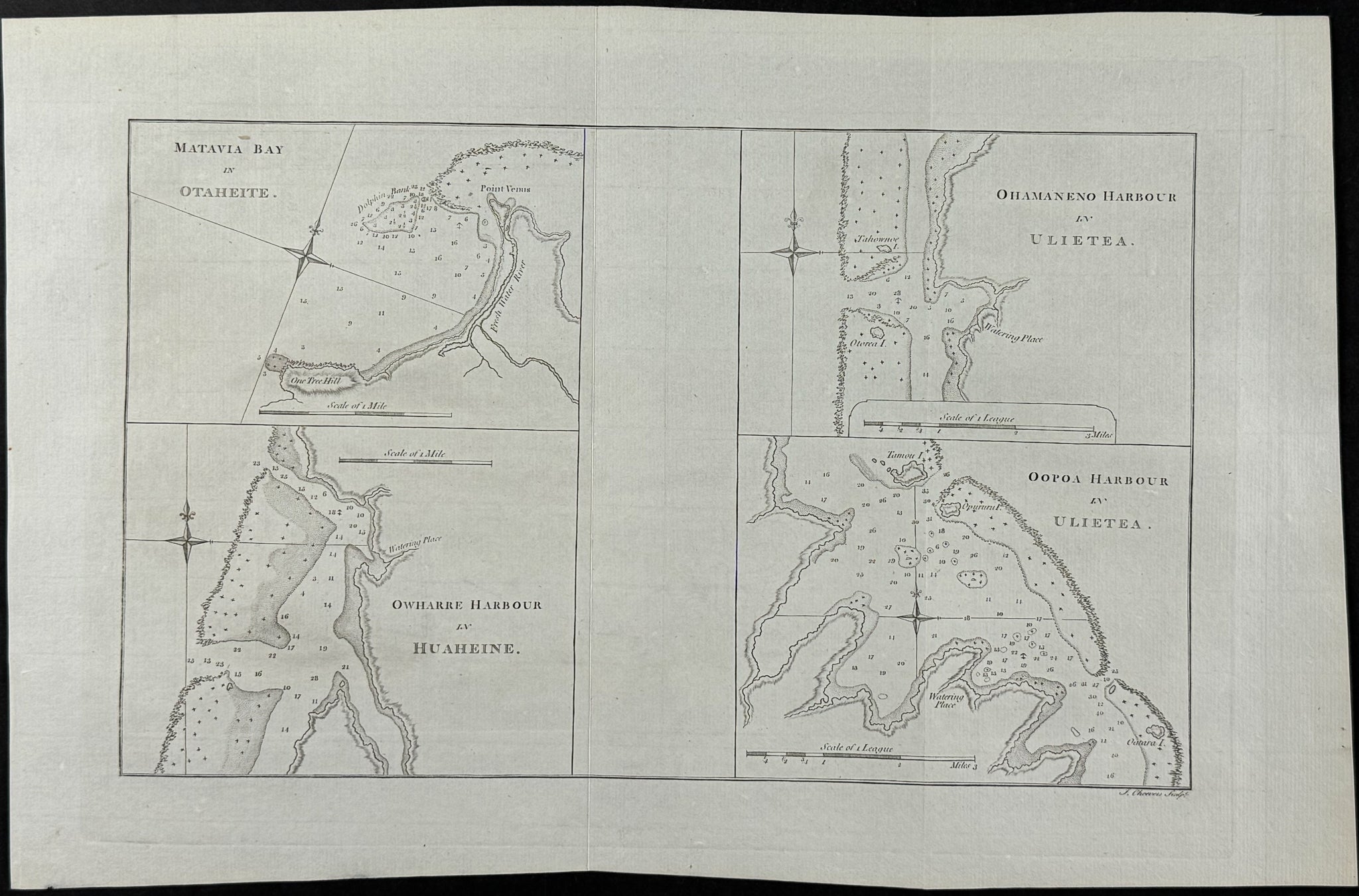 Chart of Matavia Bay in Otaheite & Owharre Harbour in Huaheine & Ohamaneno Harbour and Oopoa Harbour in Ulitetea