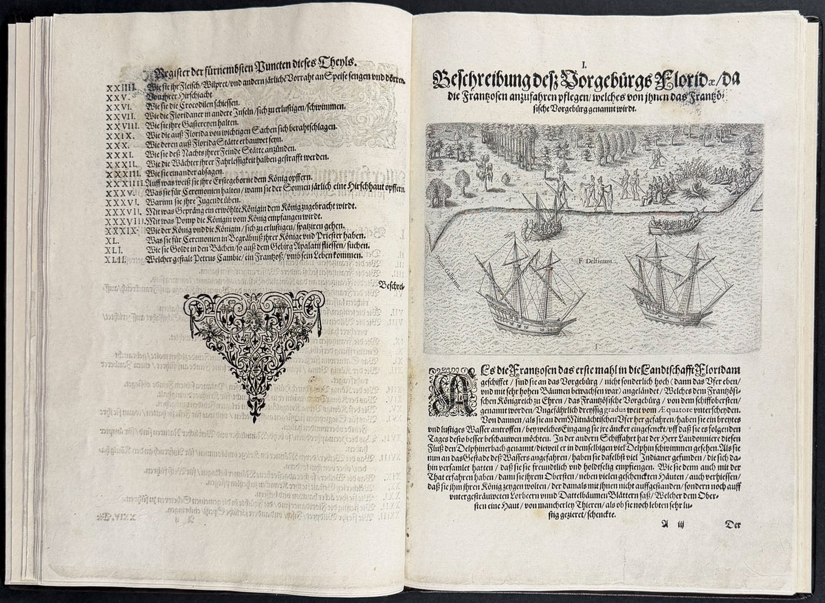 De Bry & Le Moyne's Grands Voyages - Florida Volume with Map + 42 Engravings + Noah's Ark, Frontis & Shield