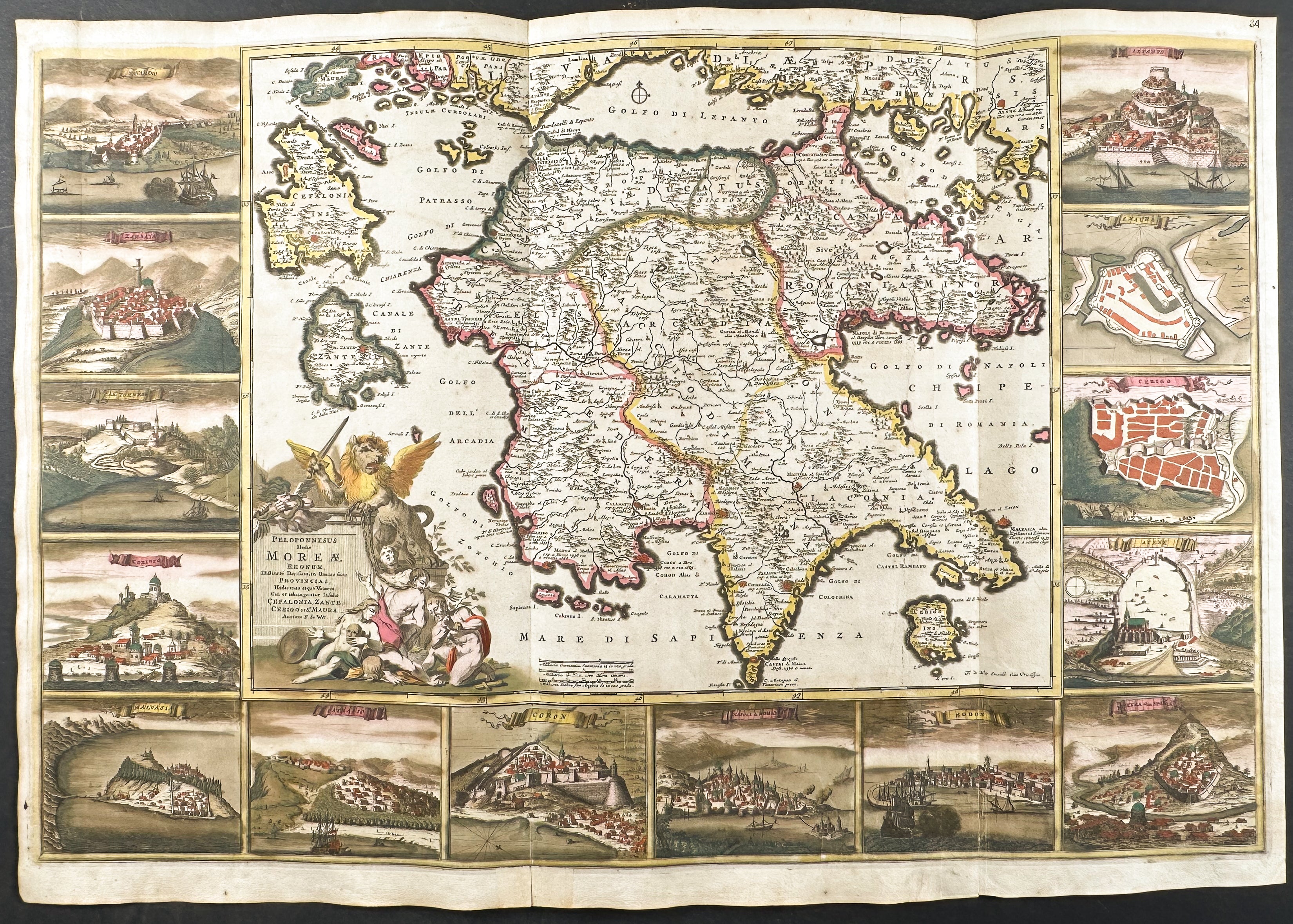 Map of the Peloponnese Peninsula (Morea), Greece, with City Views