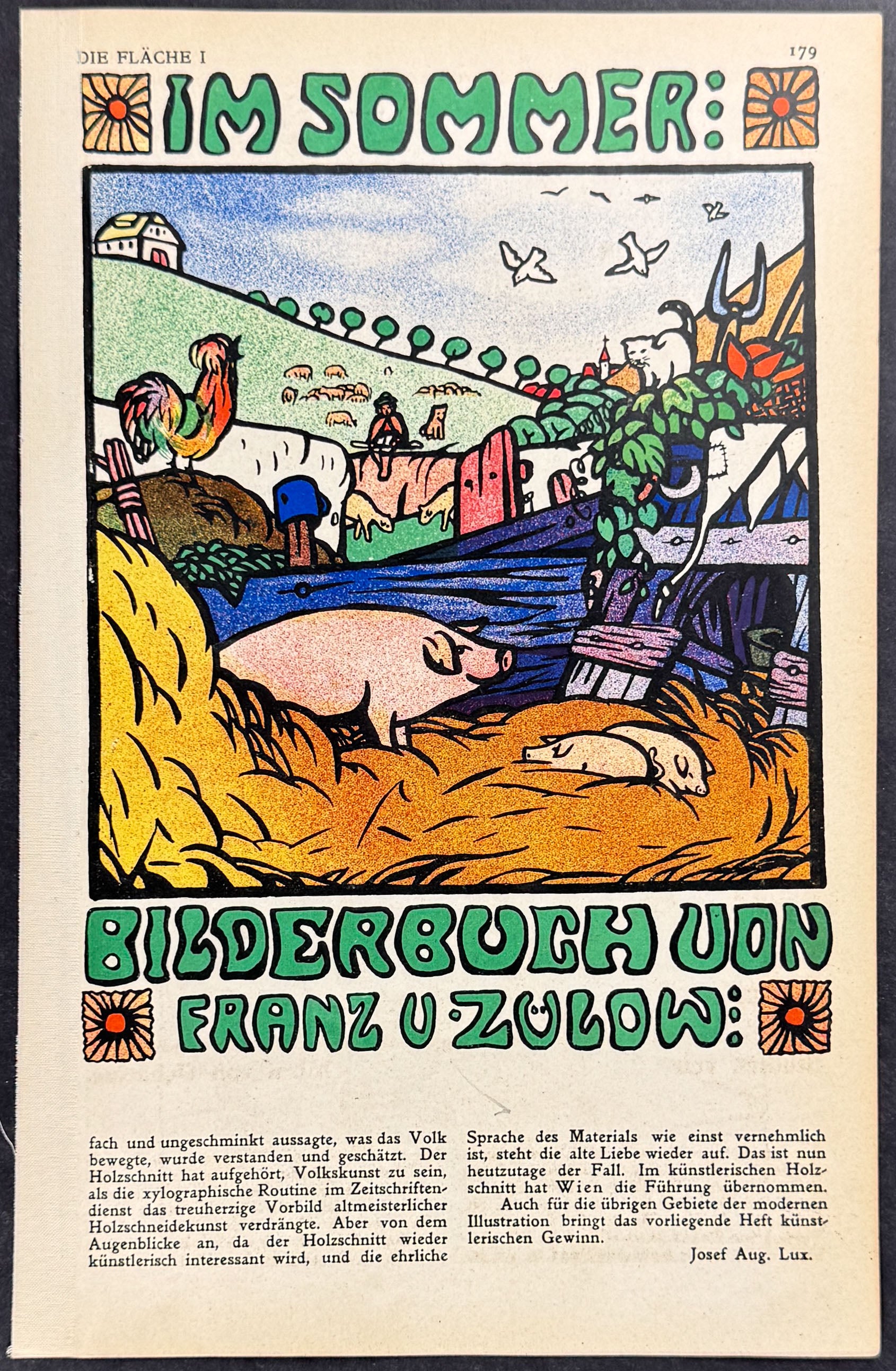 Farm with Rooster, Pigs - Art Pochoir Illustration by Franz von Zulow