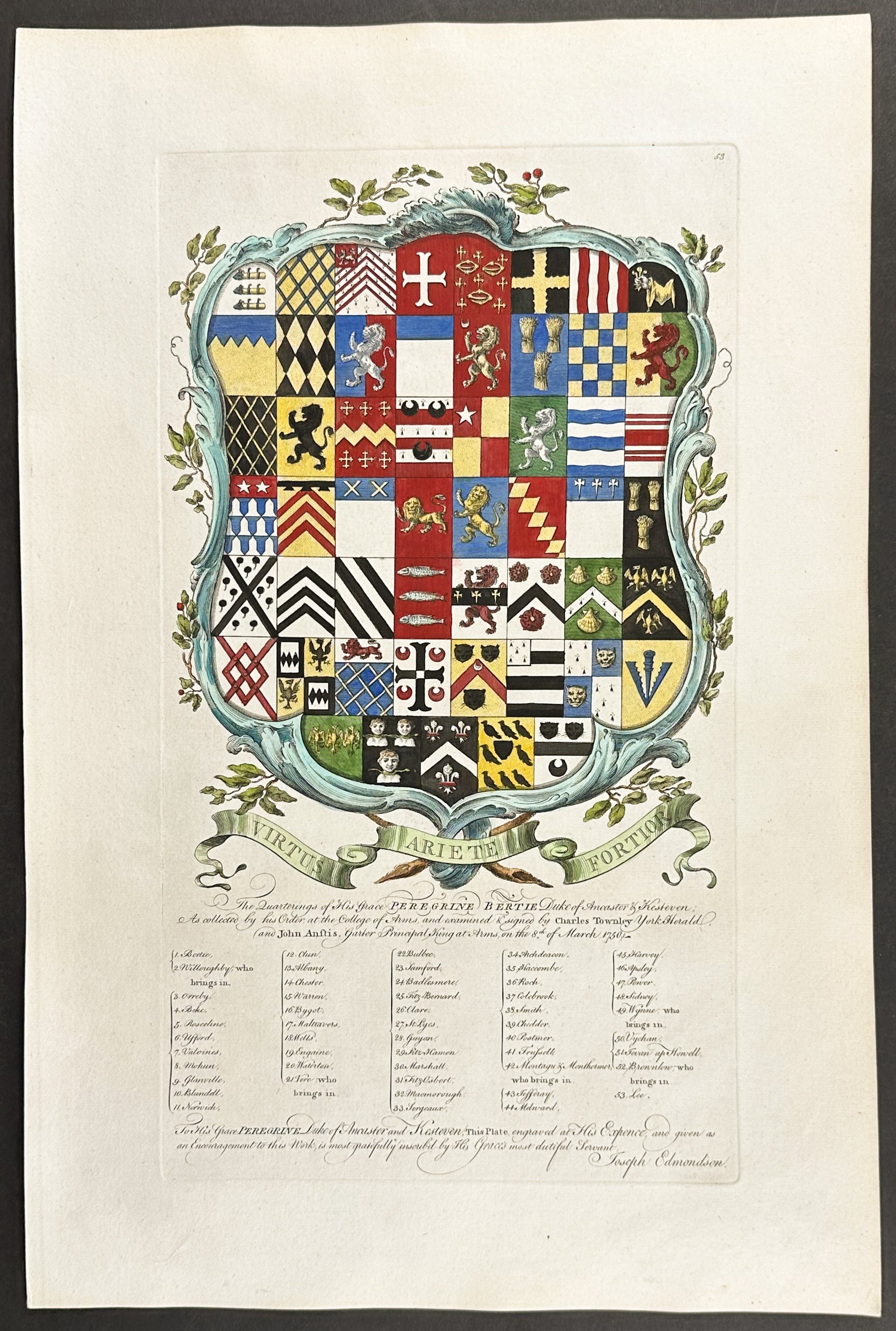 Family Crest or Shield of The Quarterings of His Grace Peregrine Bertine, Duke of Ancaster & Kesteven