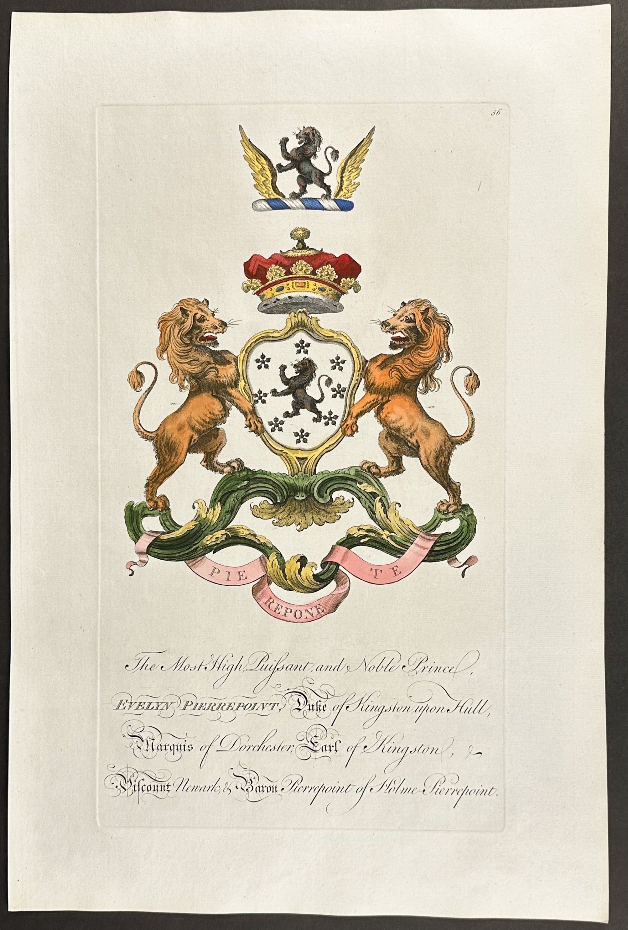 Family Crest or Shield of Evelyn Pierrepoint, Duke of Kingston upon Hull