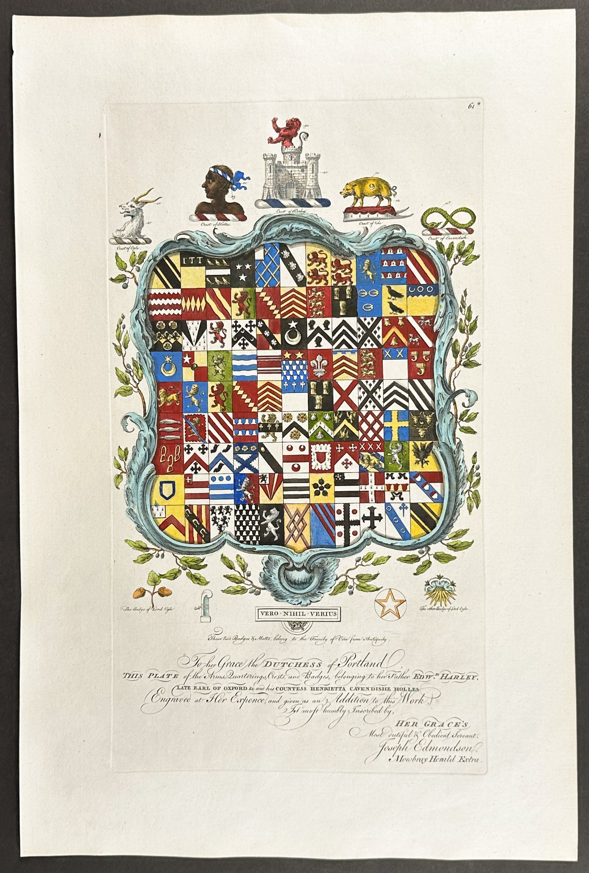 Family Crest or Shield of To her Grace the Dutchess of Portland, This plate of the Arms, Quarterings, Crests, and Badges belonging to her Father, Edward Harley