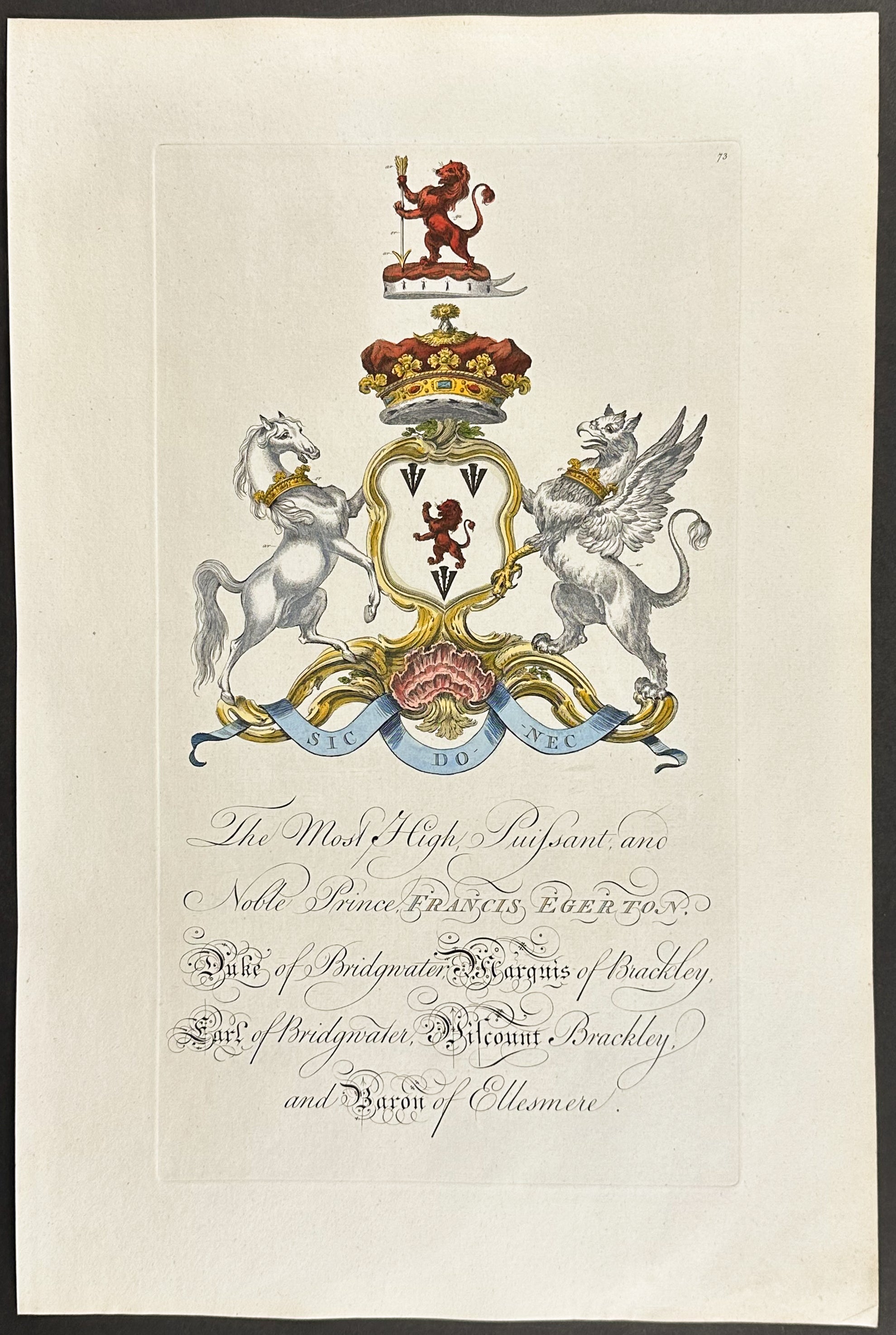 Family Crest or Shield of Francis Egerton, Duke of Bridgewater
