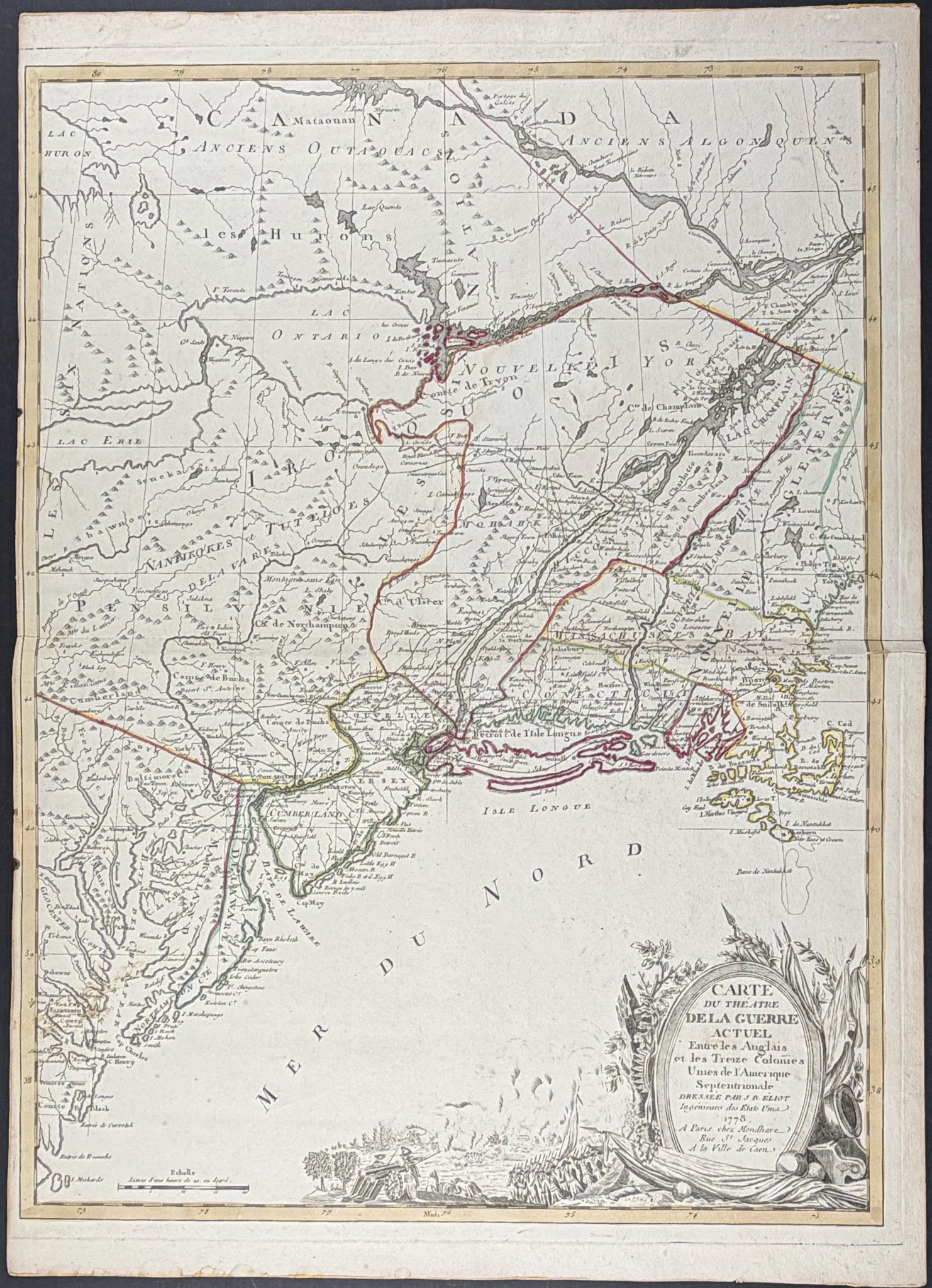 First Map to Name United States [Carte du Theatre de la Guerre Actuel Entre les Anglais et les Treize Colonies Unies de l’Amerique Septentrionale dresse par J.B. Eliot Ingénieurs des Etas-Unis]