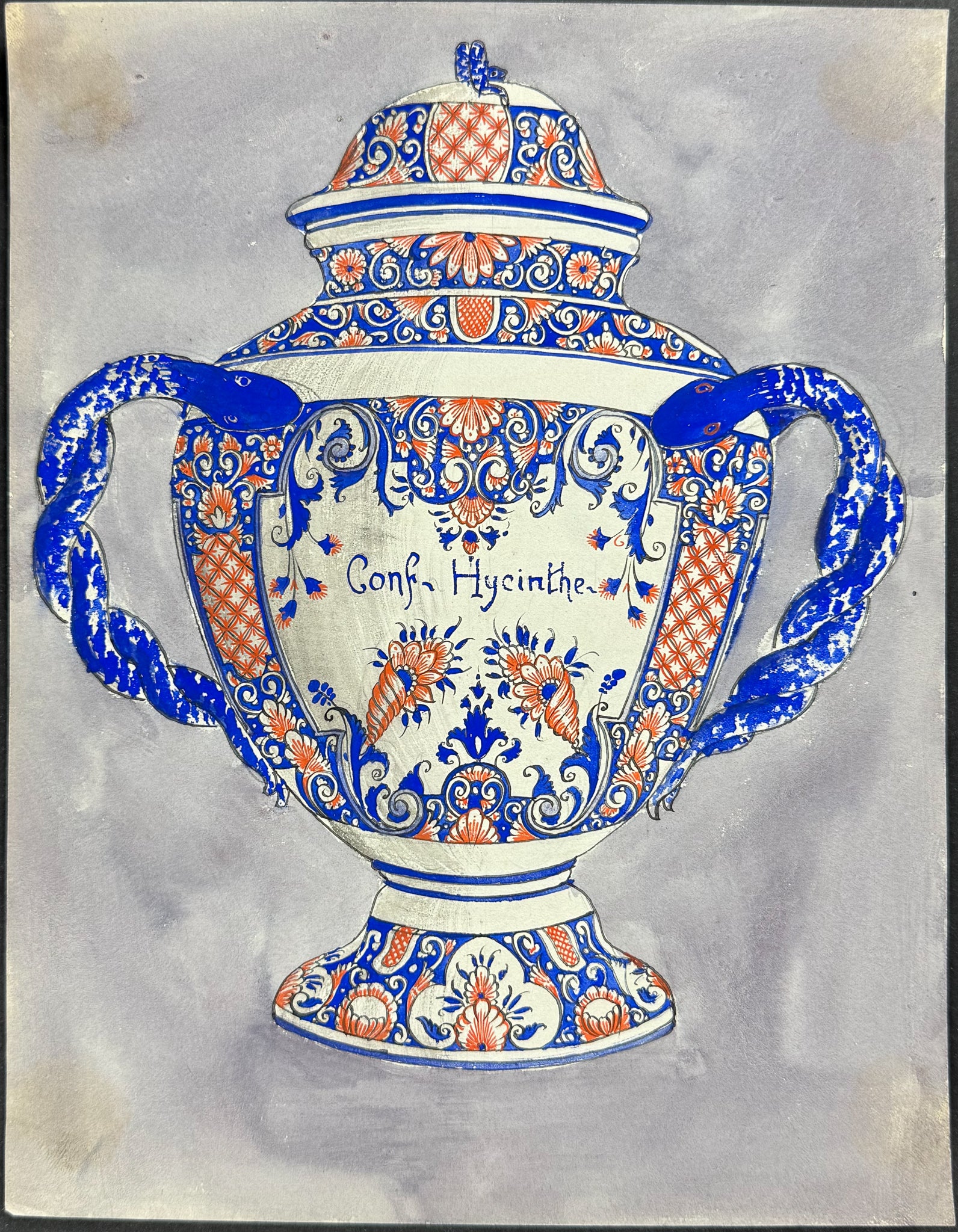 Original Watercolor of French Faience or Porcelain Home Décor