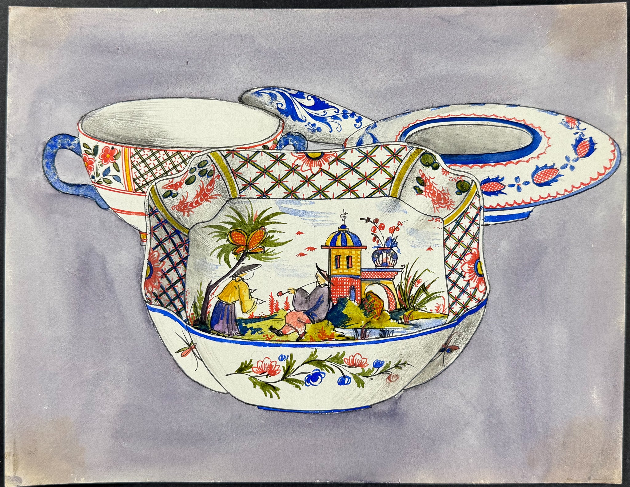Original Watercolor of French Porcelain Home Designs