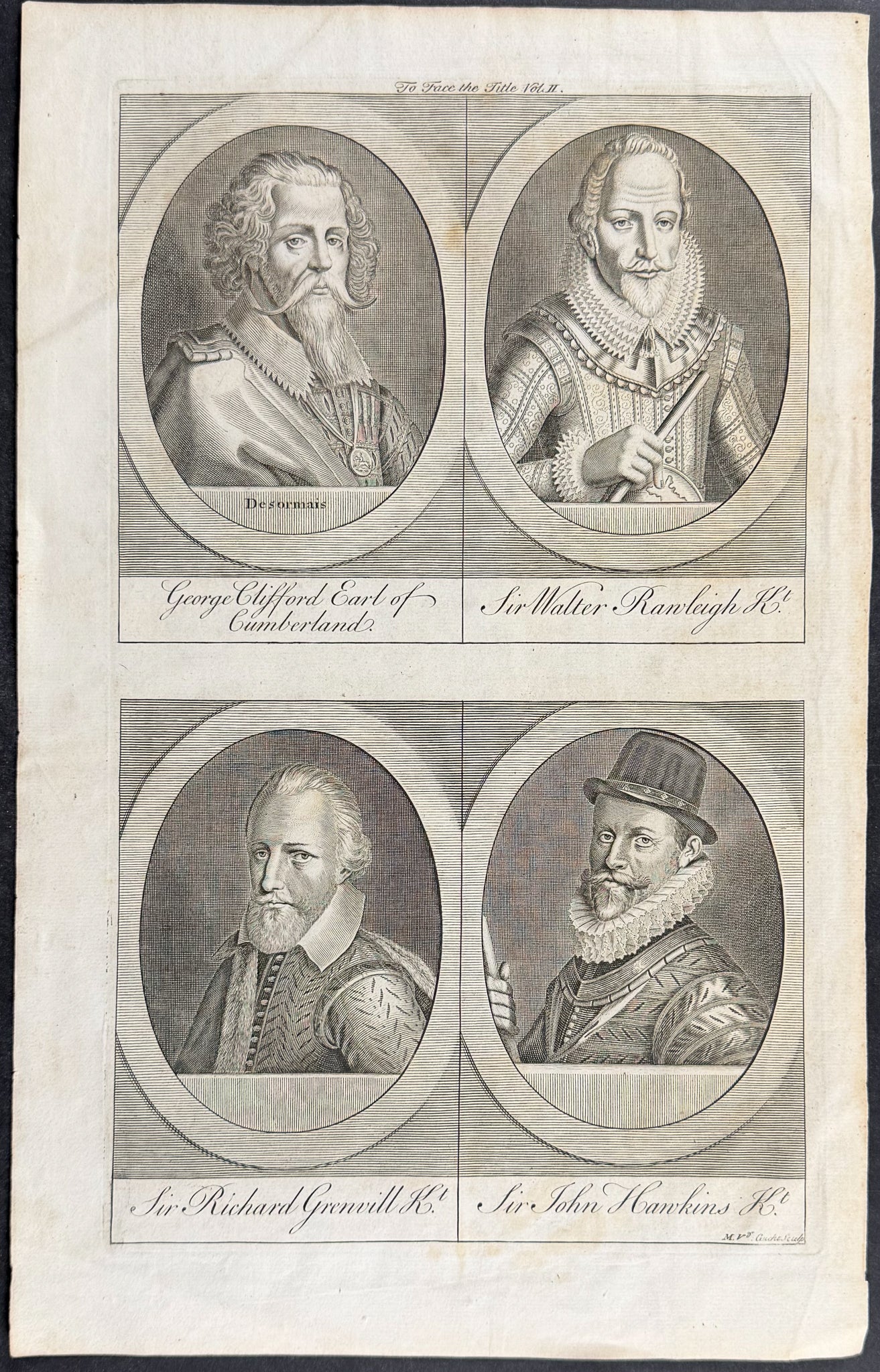 Portraits of George Clifford, Sir Walter Raleigh, Sir Richard Grenville, and Sir John Hawkins
