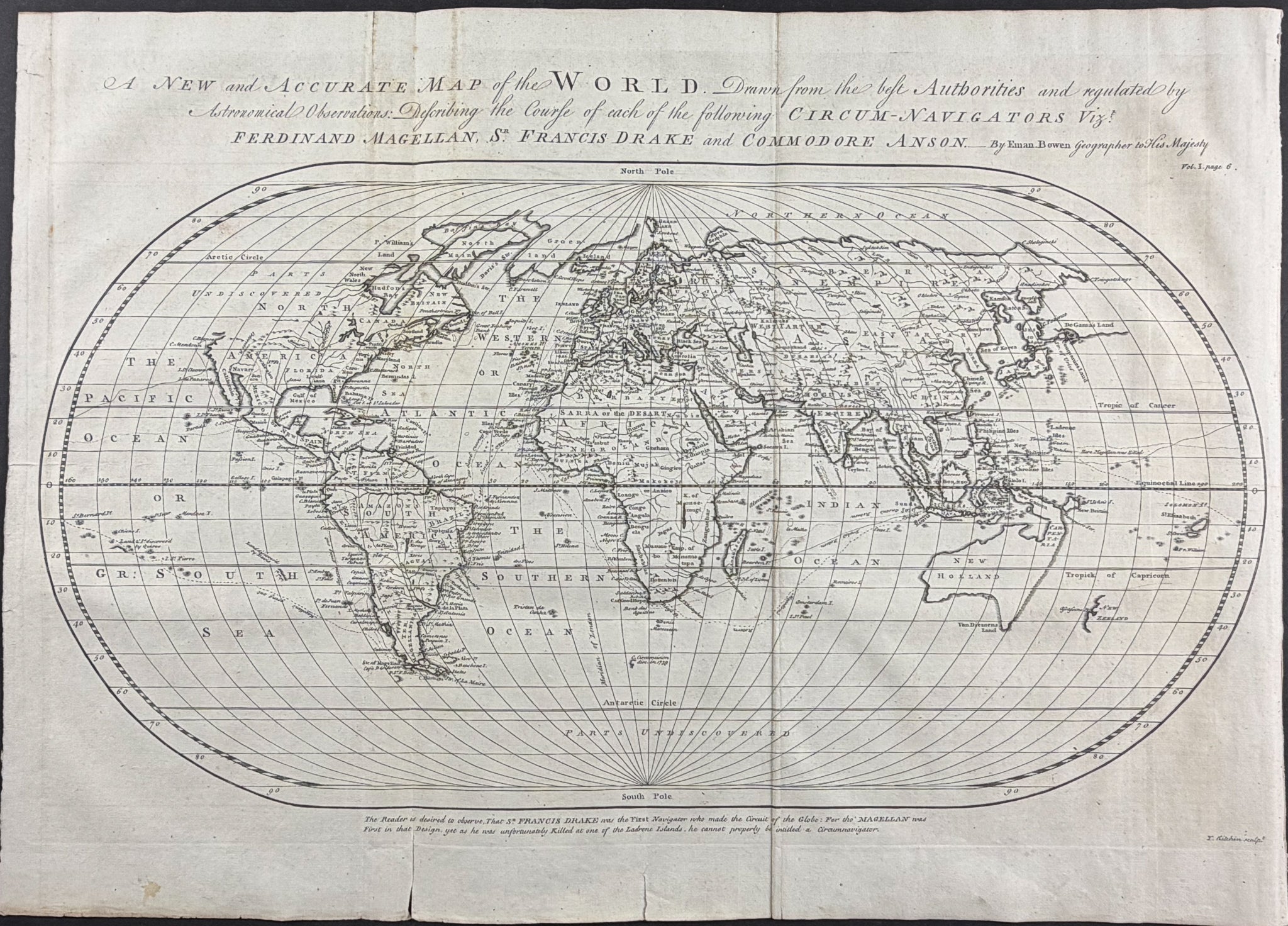 Map of the World featuring the voyages of Magellan, Drake, and Anson