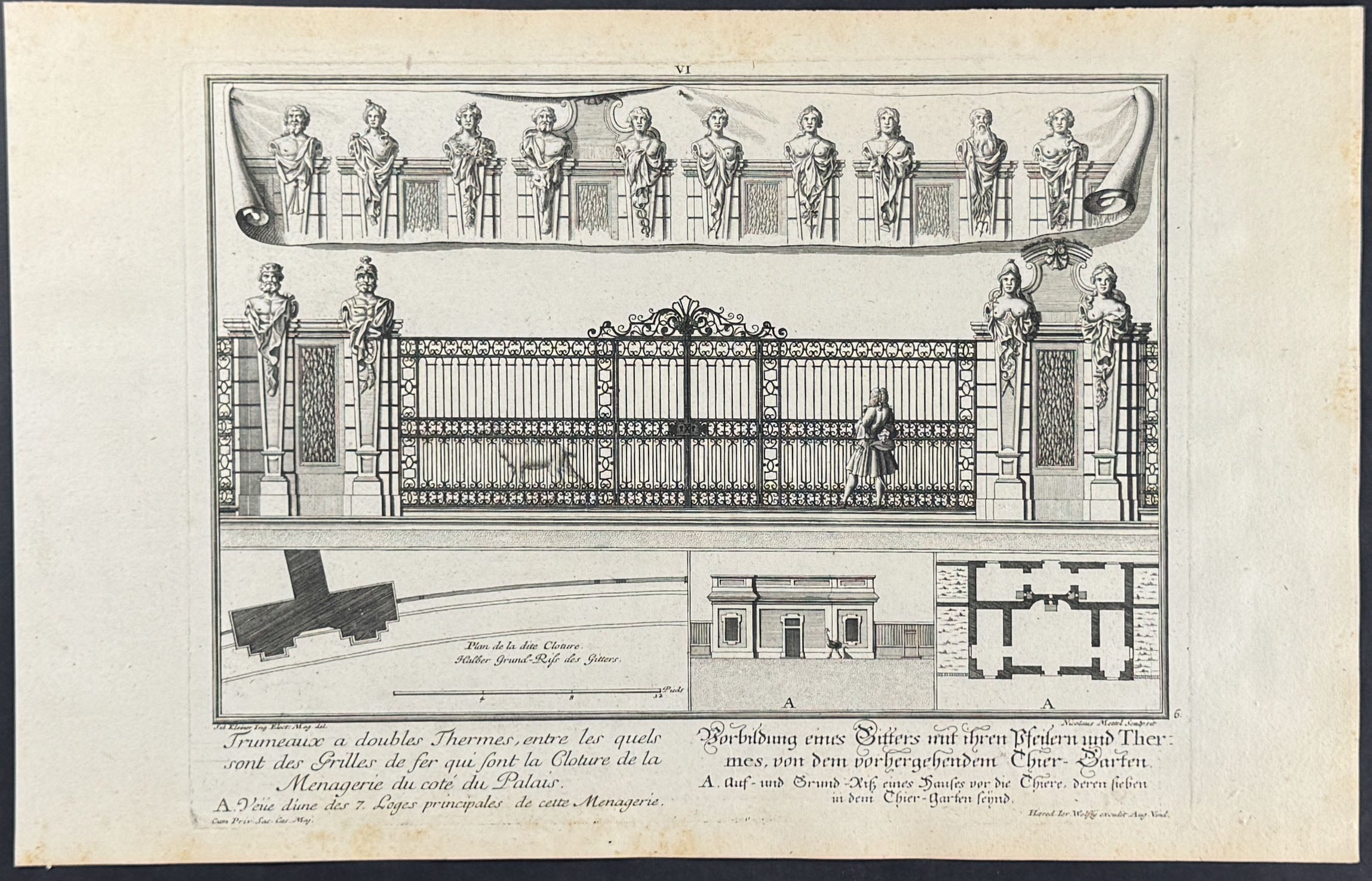 Menagerie Enclosure - Trumeaux a doubles Termes, entre les quels sont des Grilles de fer qui sont la Cloture de la Menagerie du cote du Palais
