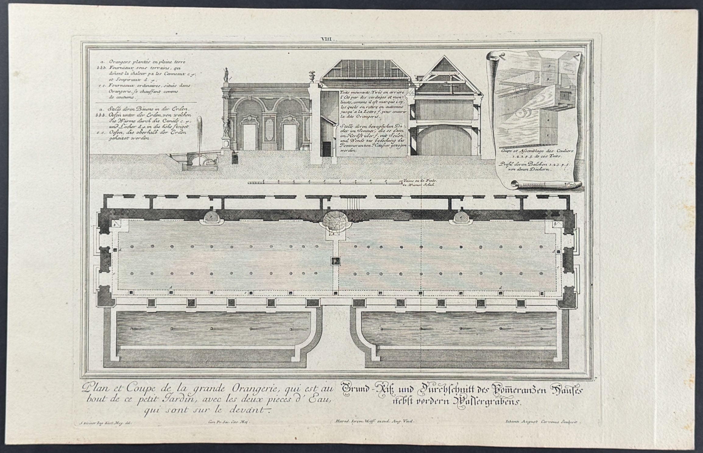 Orangery - Plan et Couple de la grande Orangerie, qui est au bout de ce petit Jardin, avec les deux pieces d'Eau, qui sont sur le devant