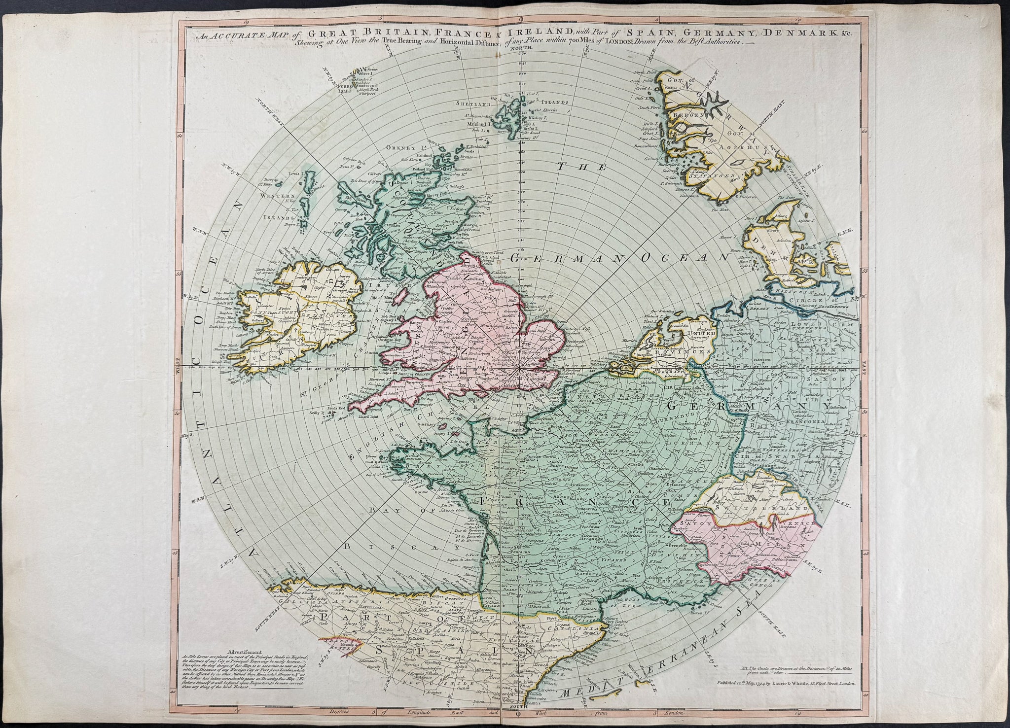 Map of part of Europe [Great Britain, France, and Ireland, with Part of Spain, Germany, Denmark, &c. shewing at one View the true Bearing and Horizontal Distance of any Place within 700 Miles of London]