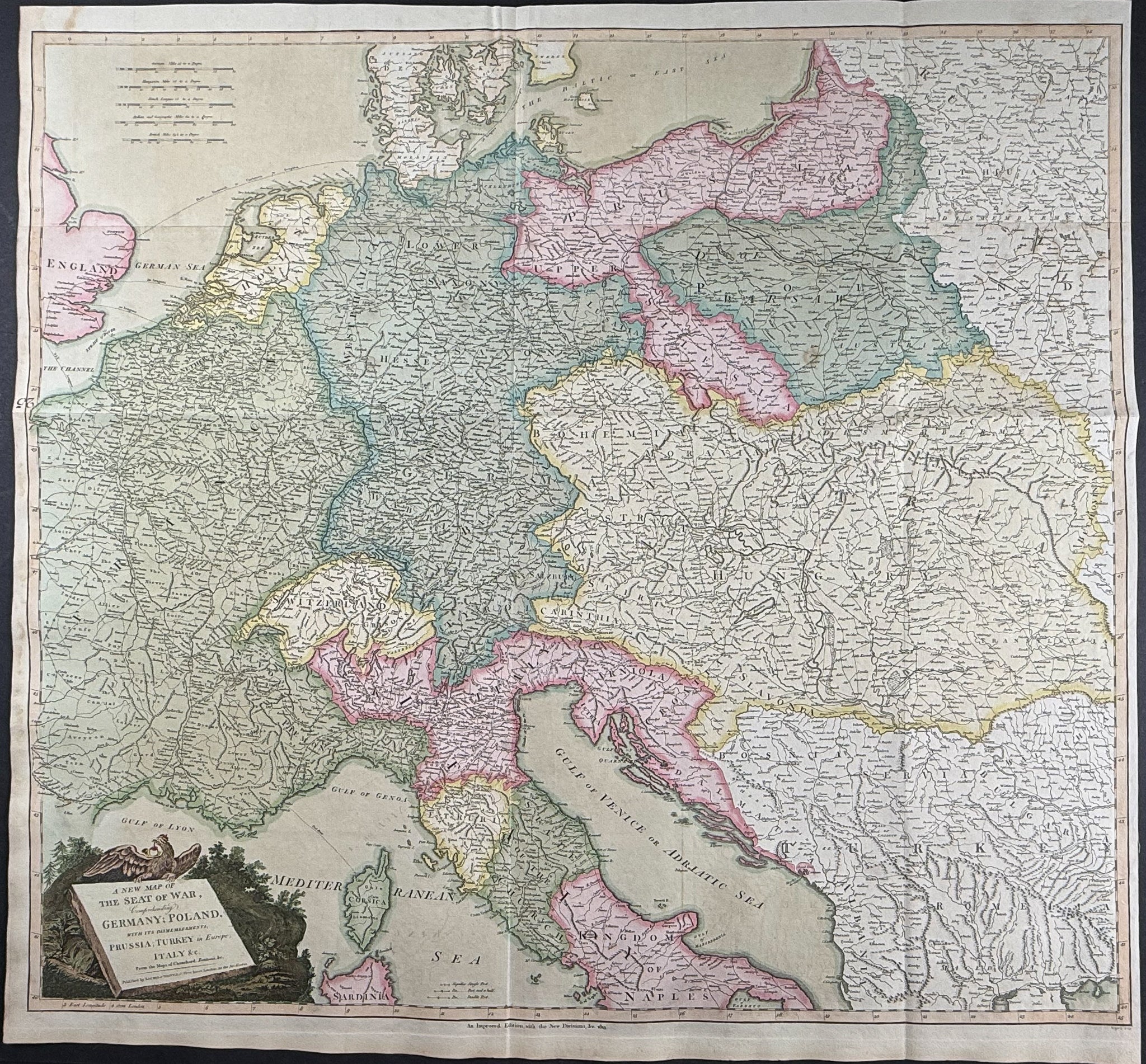 Map of Germany, Hungary, & Netherlands [A New Map, exhibiting the Post Roads of Germany, Hungary, and the Netherlands, with Part of France, Switzerland, Italy, Poland, Denmark, &c.]
