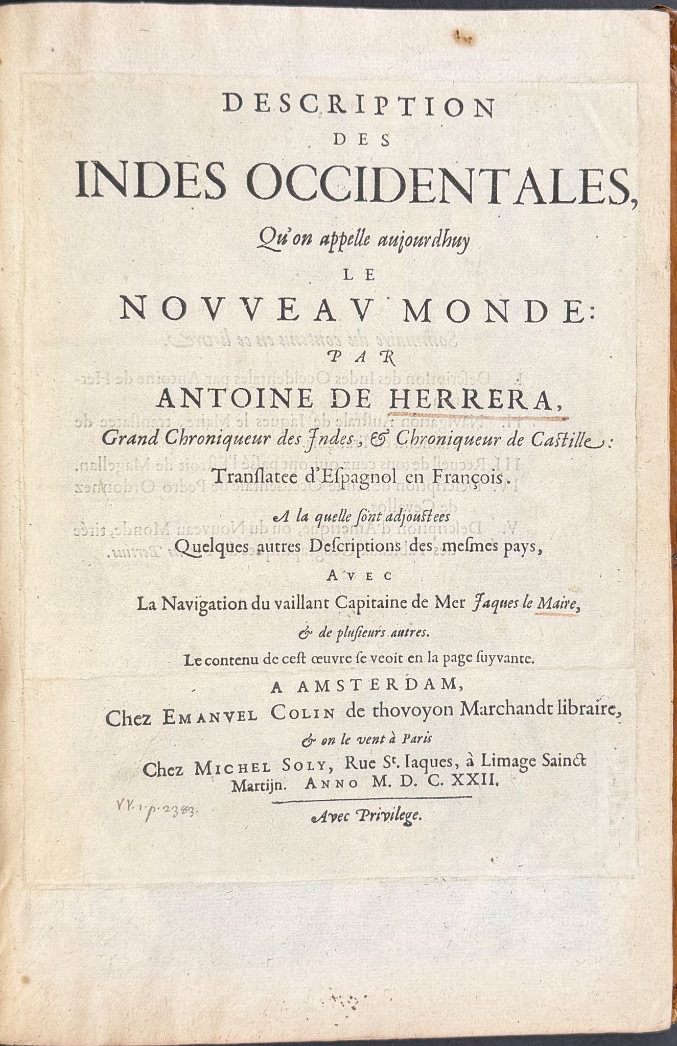 Description des Indes Occidentales, qu'on appelle aujourdhuy le Nouveau Monde (Description of the West Indies, which we call today the New World)