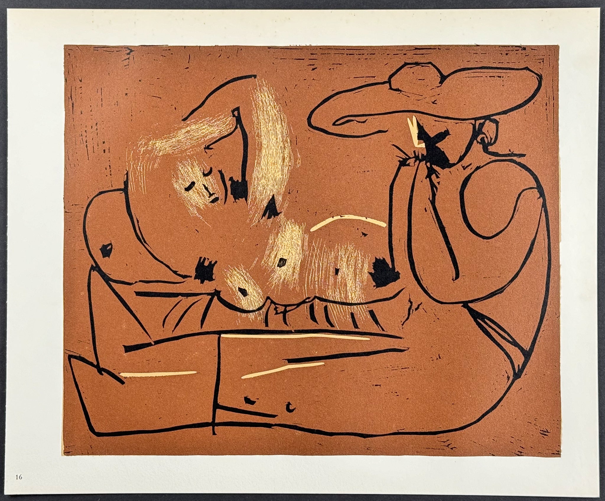 Femme couchee et homme au grand chapeau