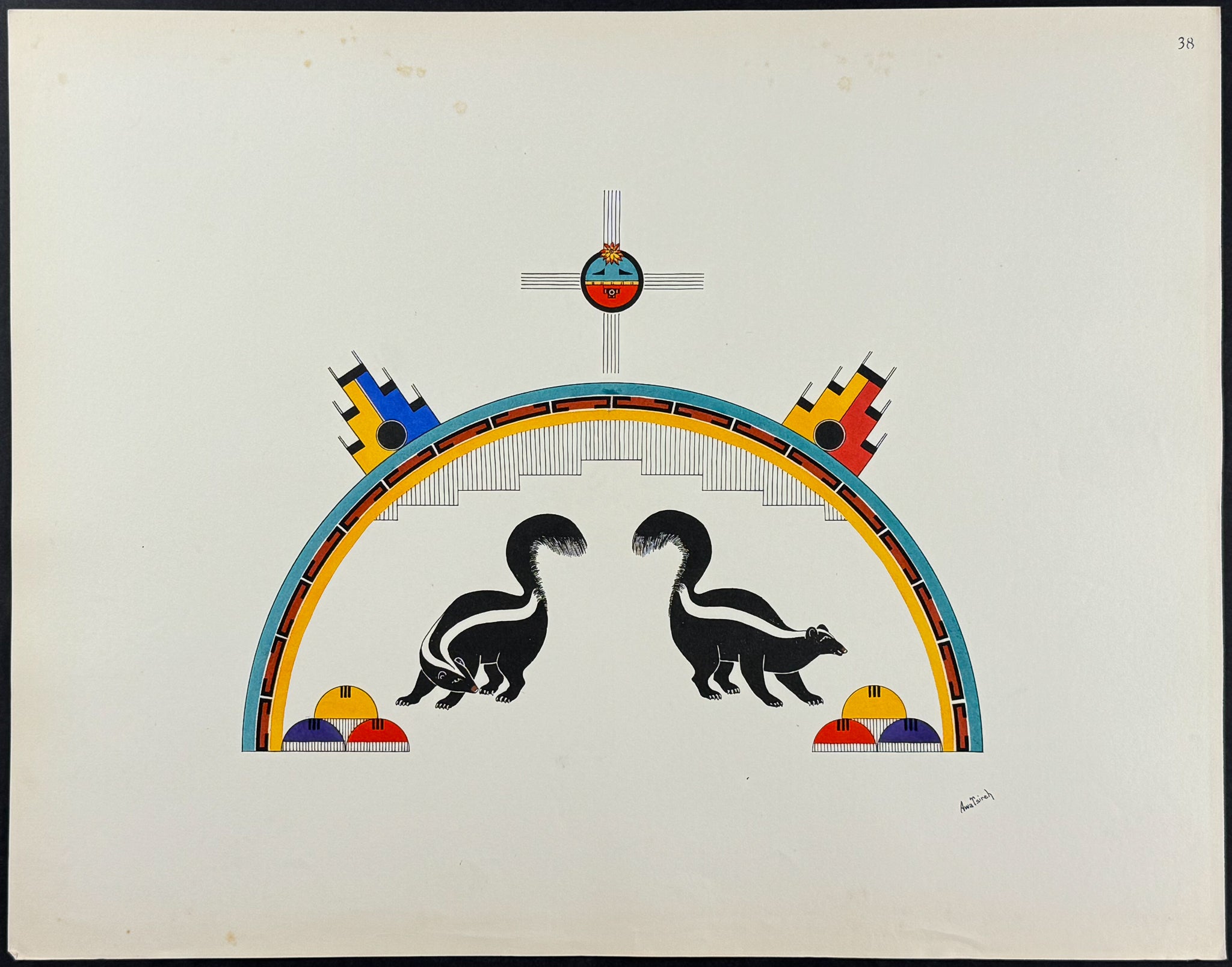 Skunks surmounted by Sky Crescent with Cloud Terraces and by the Symbol of the Sun - drawn by Awa Tsireh