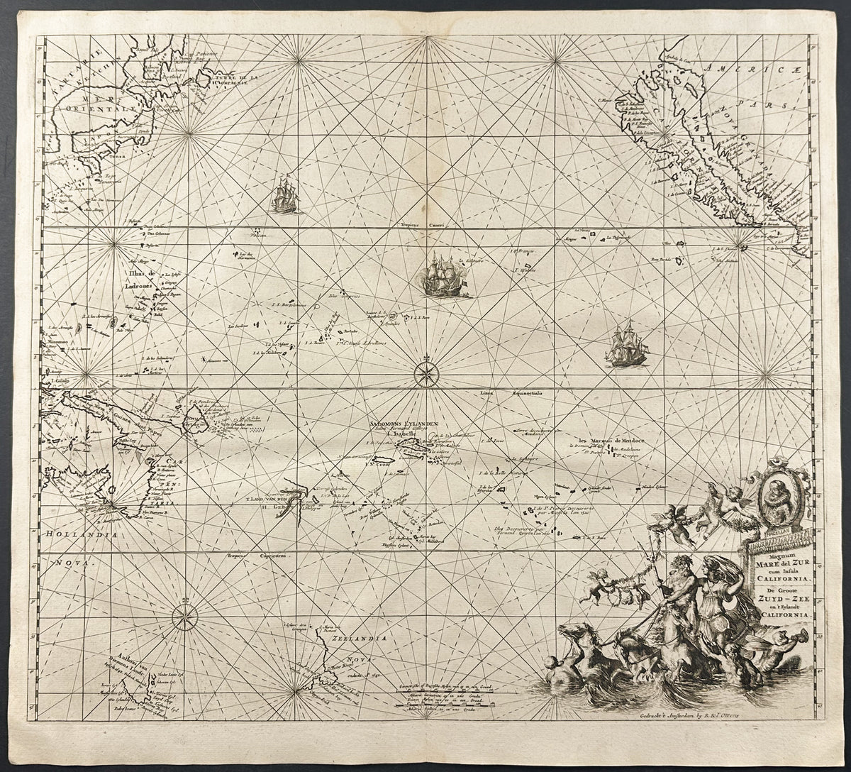 Map of the Pacific Ocean, including California as an island, part of New Zealand, etc.