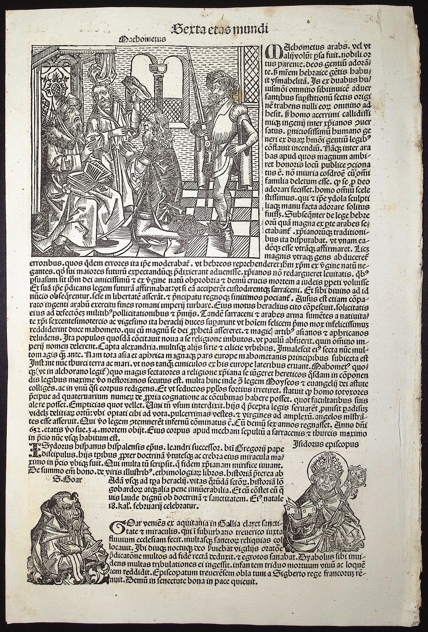 Muhammad ("Machometus") and Saint Isidore of Seville ("Isidorus hispanus") / Verso: Emperor Heraclius, Monster, Meteorological Phenomena