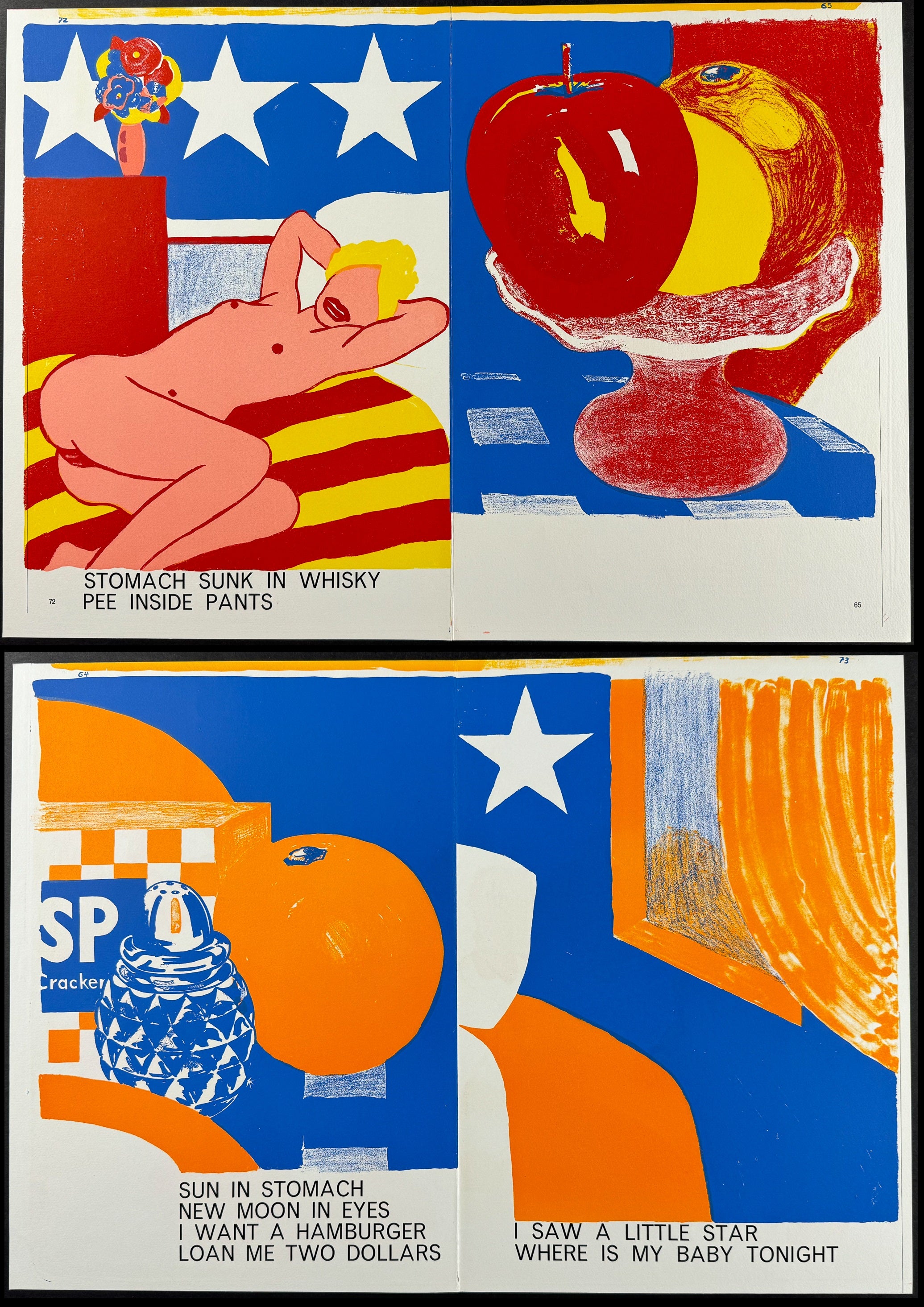 Two Sheets with Art by Tom Wesselmann &  Karel Appel & Kimber Smith [Poems: Sun in Stomach / He Who Must Die]