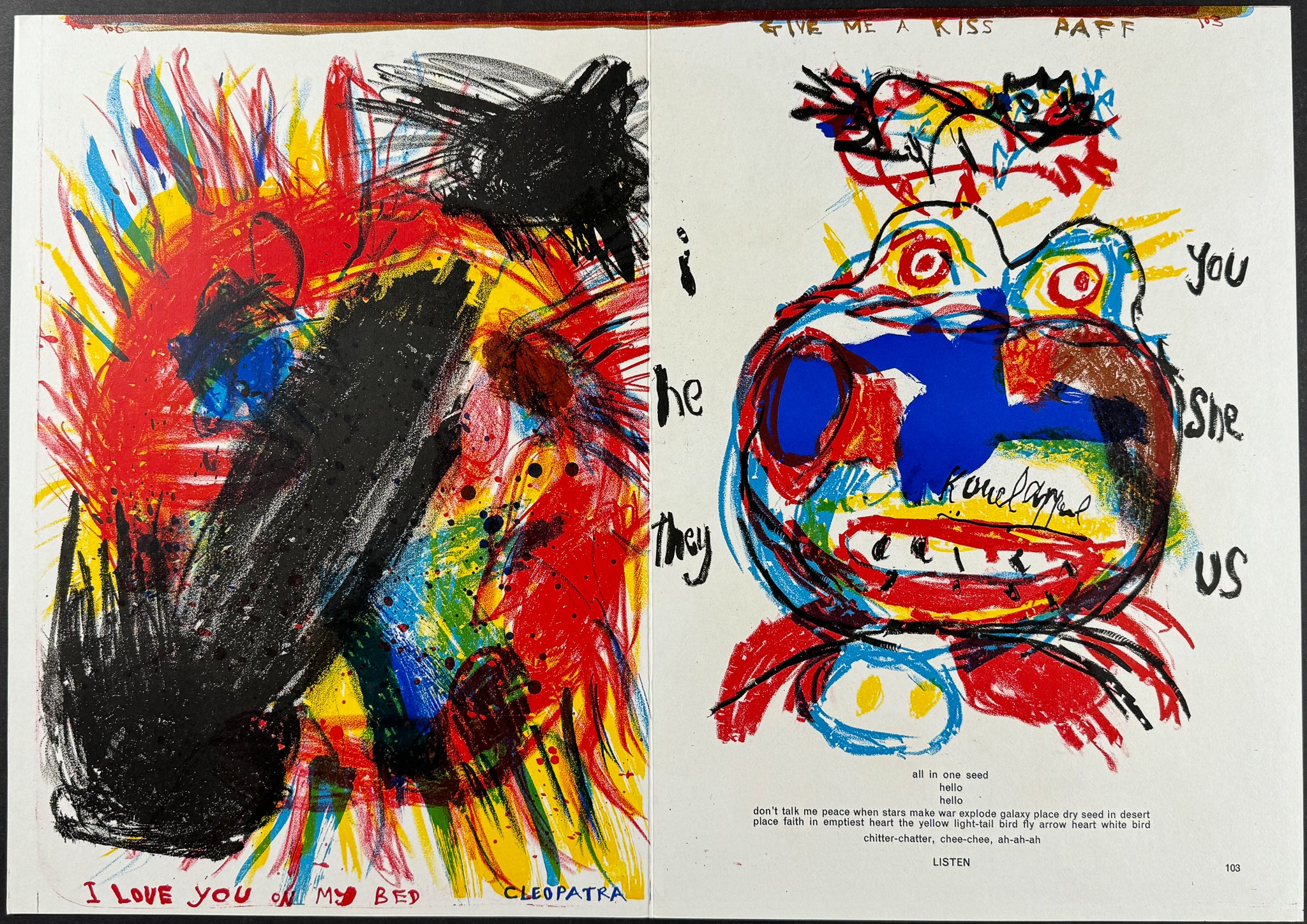 Three Sheets with Art by Sam Francis, Allan Kaprow, Walasse Ting (One as photograph), & Karel Appel  [Poems: A Letter to God / Black Stone]