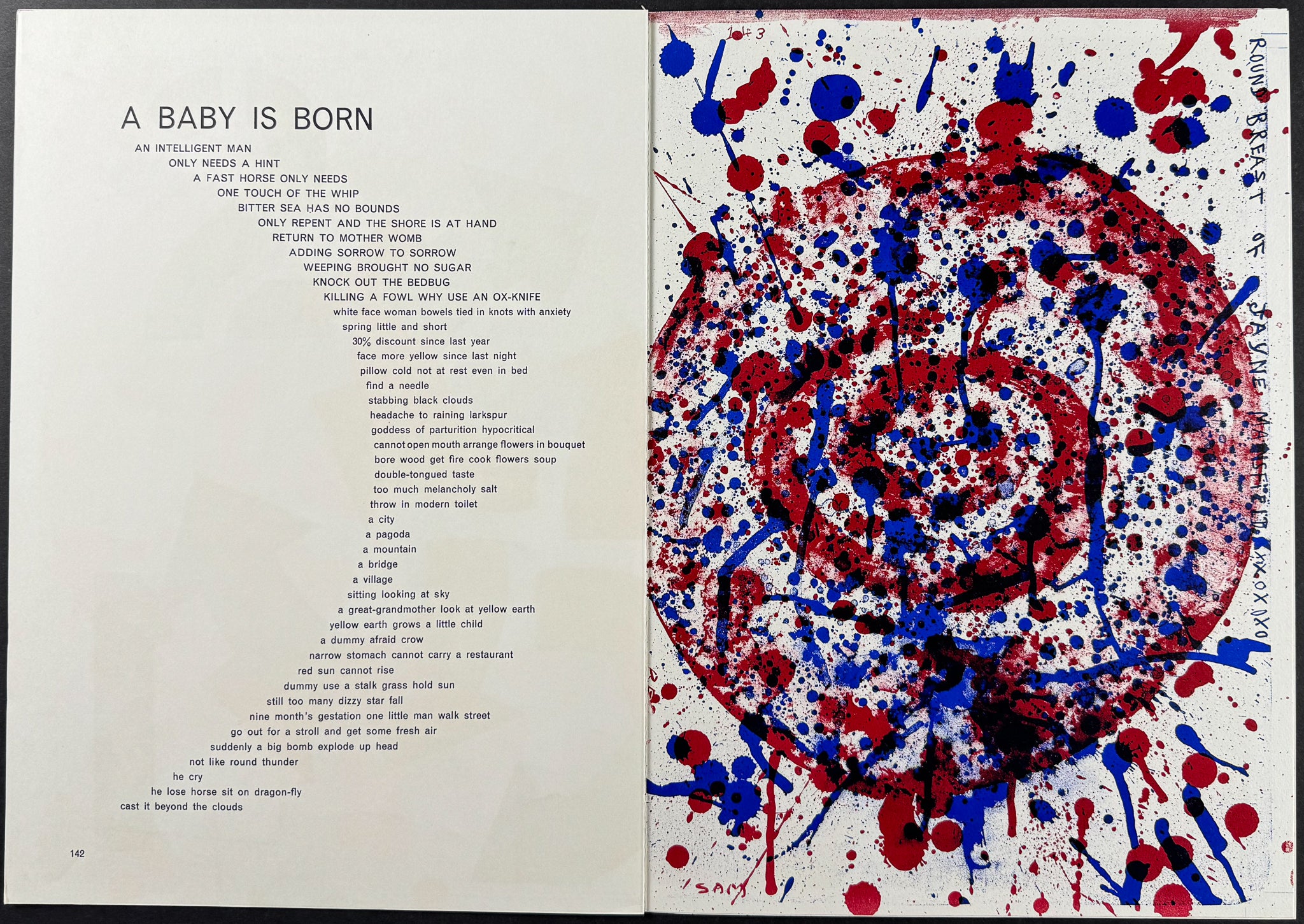 Three Sheets with Art by Sam Francis (Round Breast of Jayne Mansfield), Claes Oldenburg, Robert Indiana, & Jim Dine [Poems: All Kinds of Love / Ciao, Angel / Take Good Care of Self / A Baby Is Born / A Dream / Second Hand Rose Lying Second Avenue]