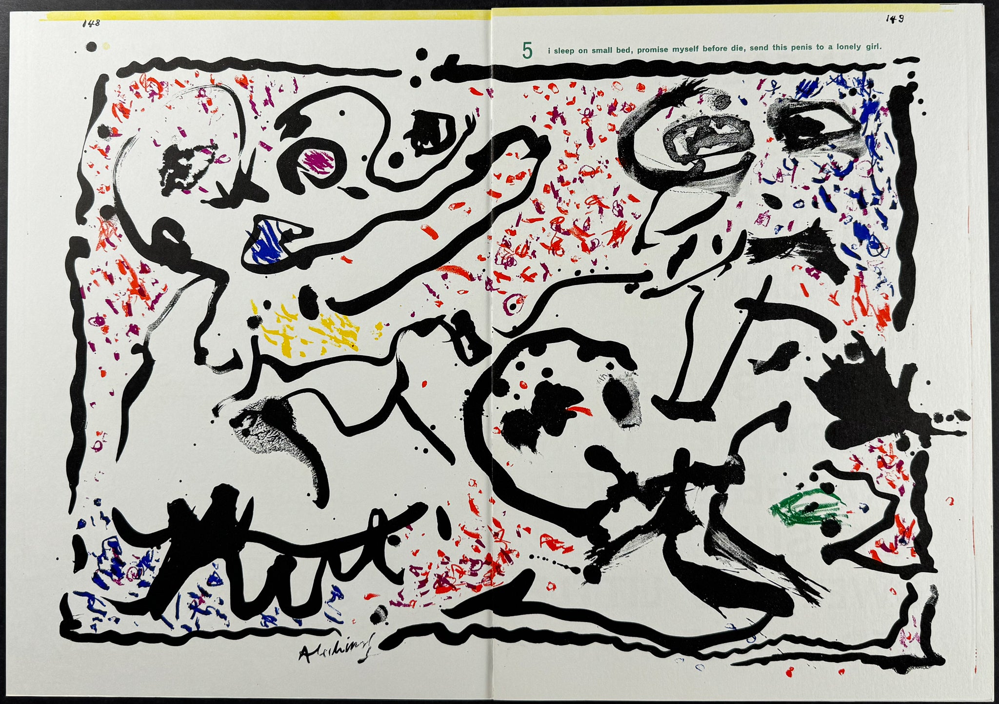Three Sheets with Art by Pierre Alechinsky, Mel Ramos, & Jean-Paul Riopelle [Poems: I Am Fall in Love / America / Big Universe Not Empty / She]