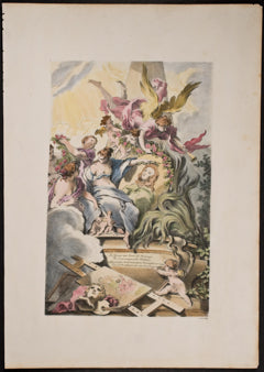 Funeral monument to Watteau with personifications of Fame, the Graces and instruments of arts surrounding his portrait