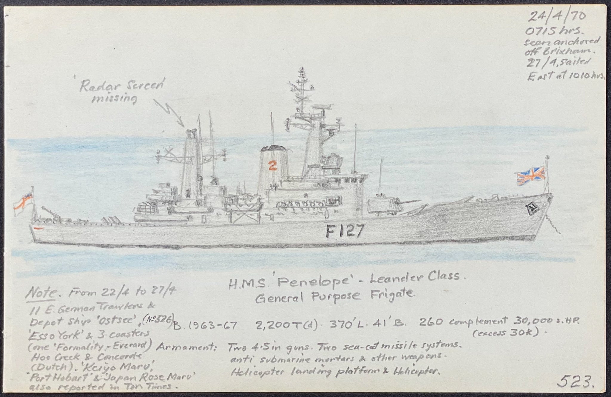 Original Drawing of Ship (Detailed & Dated)